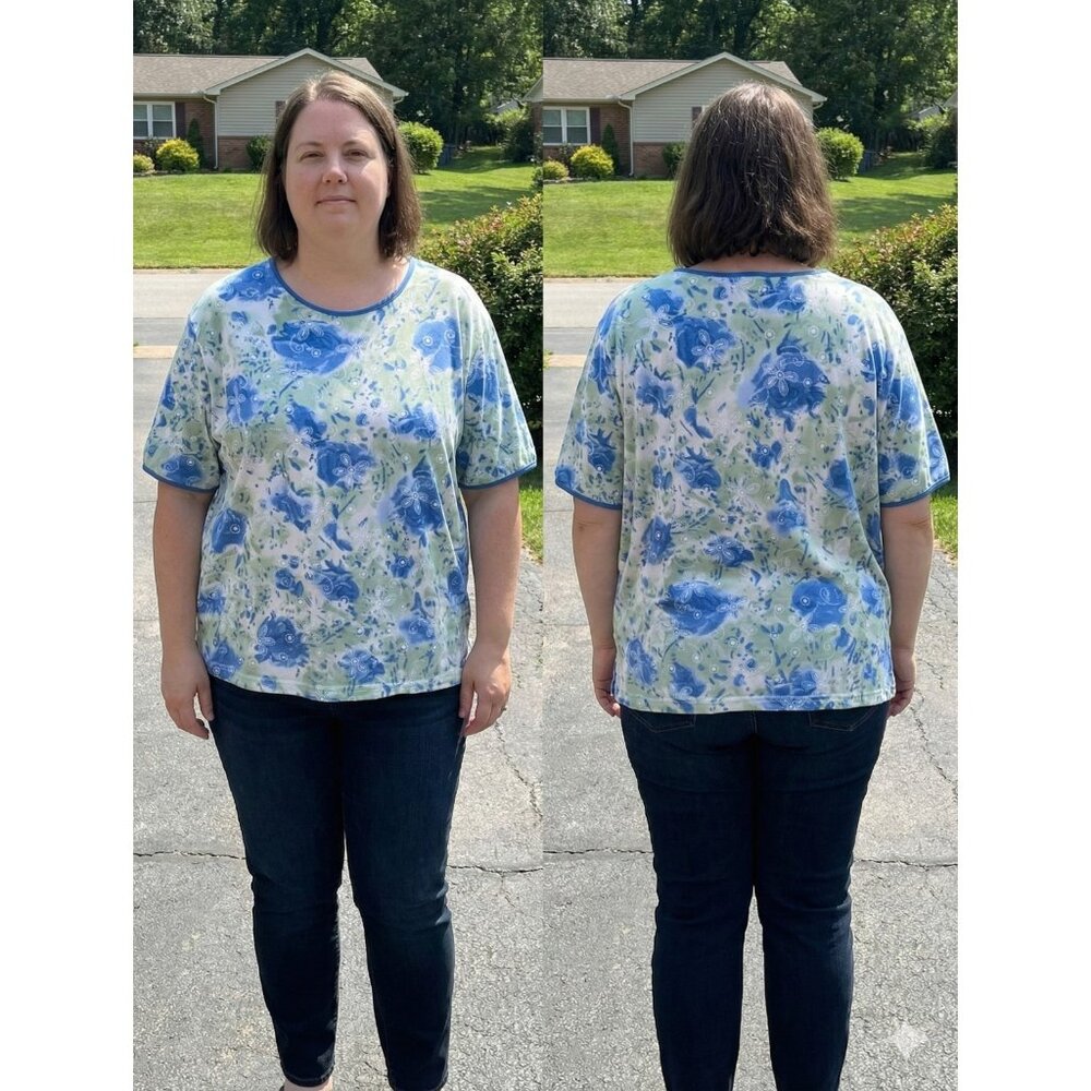 YS Studio Vintage T Shirt Womens 3X Blue Green Floral Short Sleeve Made in USA